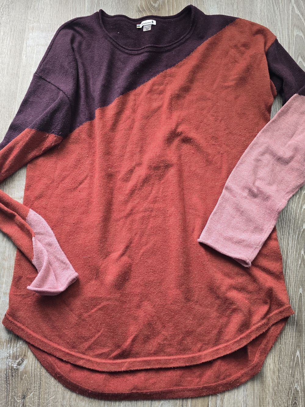 Smartwool Colorblock Crewneck Sweater in Rust, Plum & Dusty Pink
